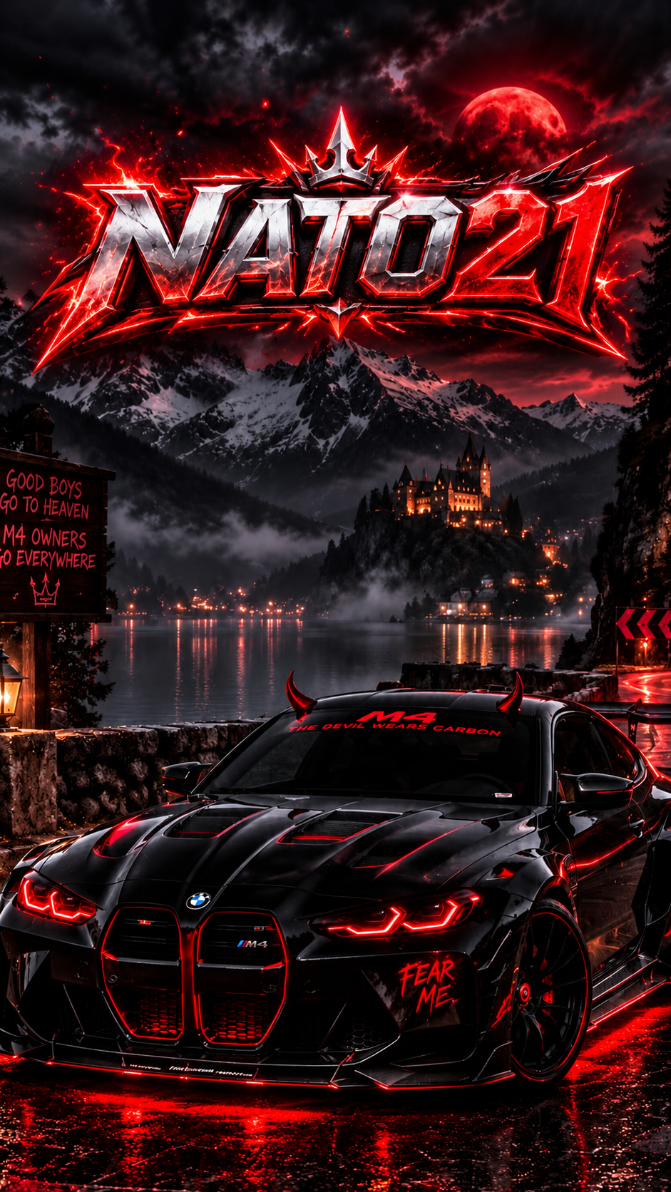Poster NATO21 dengan mobil sport hitam beraksen merah di depan danau, pegunungan, kastil, dan bulan merah pada malam hari.
